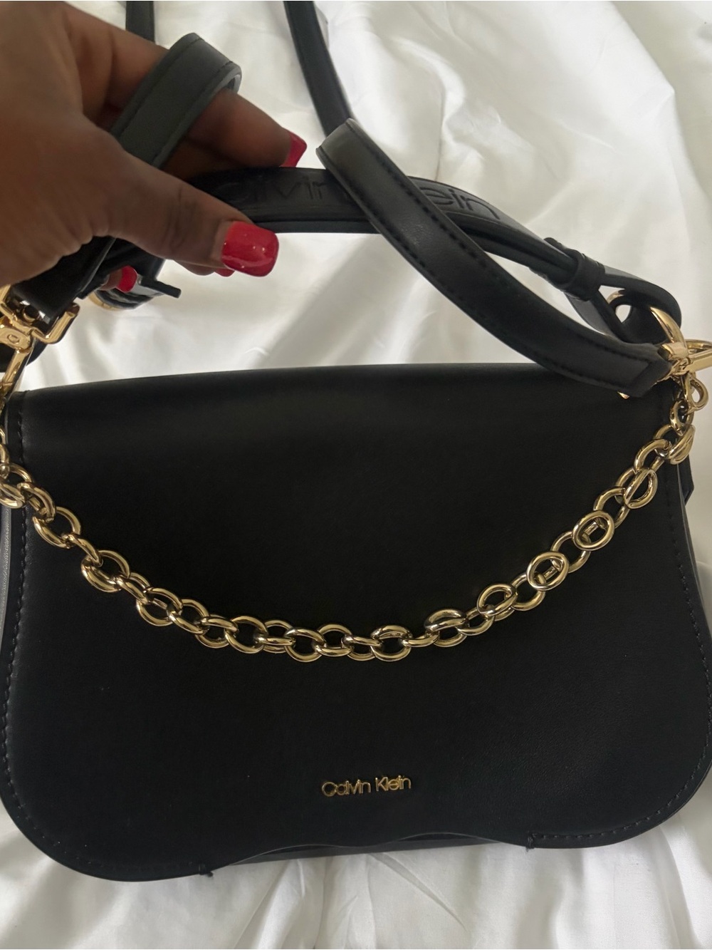 Calvin Klein Black Leather Shoulder Bag with Gold Chain
